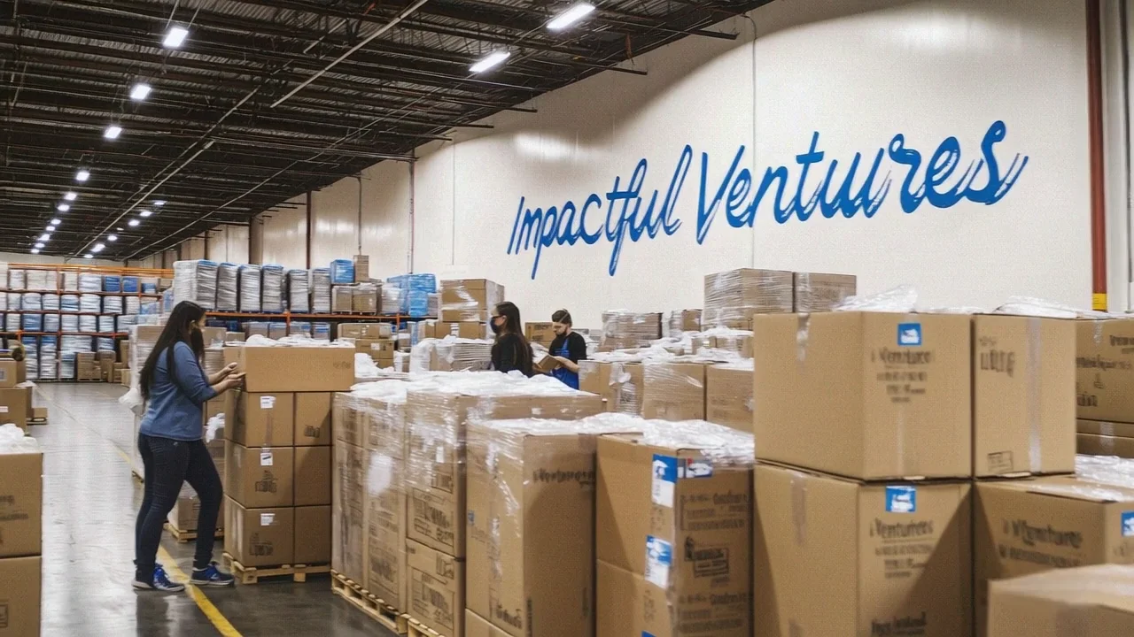 Warehouse aisle with palletized cartons and staff working a lot